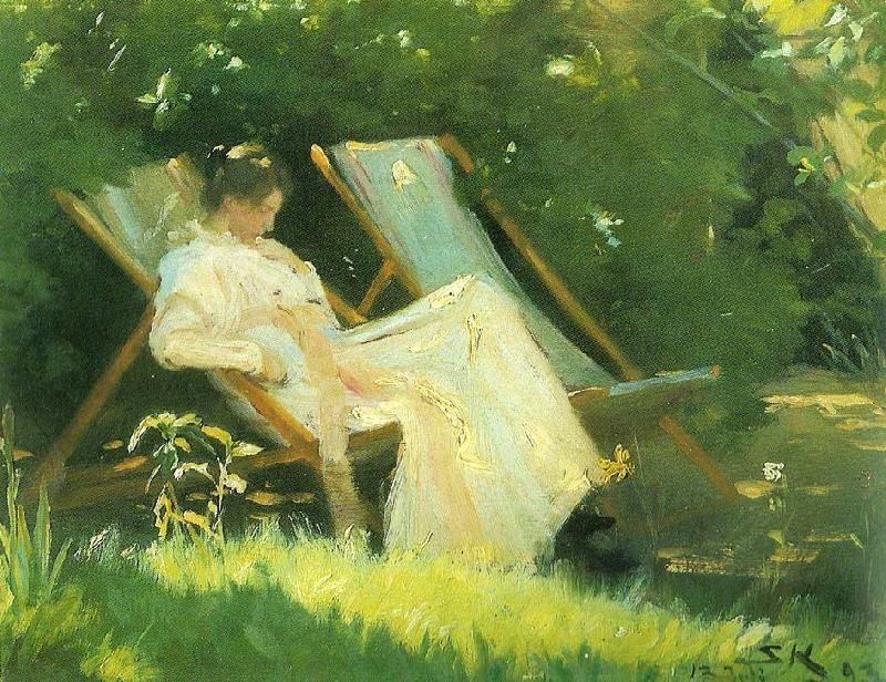 Peter Severin Kroyer kunstnerens hustru siddende i en havestol i deres have pa skagen oil painting image